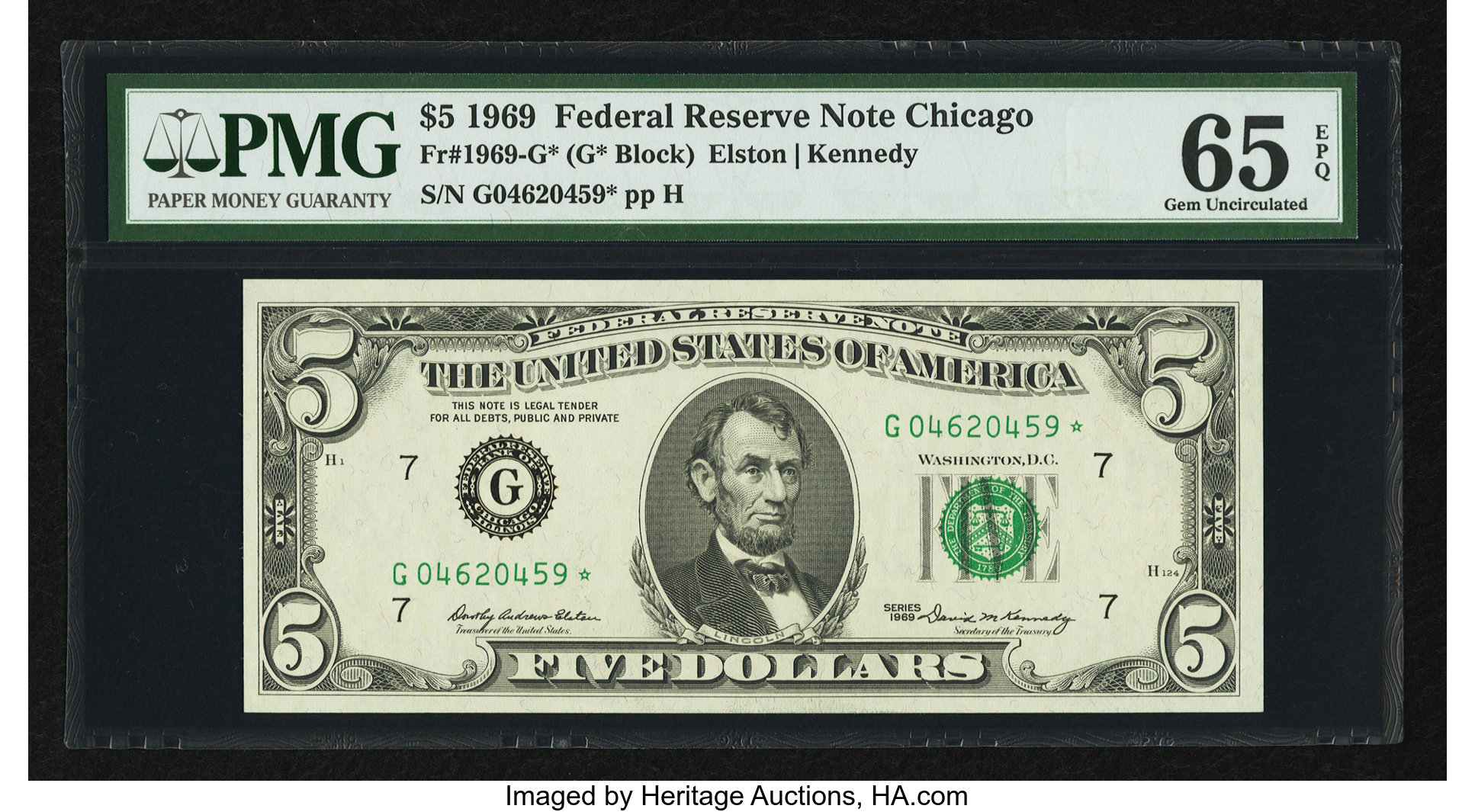 image for: Fr. 1969-G* $5 1969 Federal Reserve Star Note. PMG Gem Uncirculated 65 EPQ....