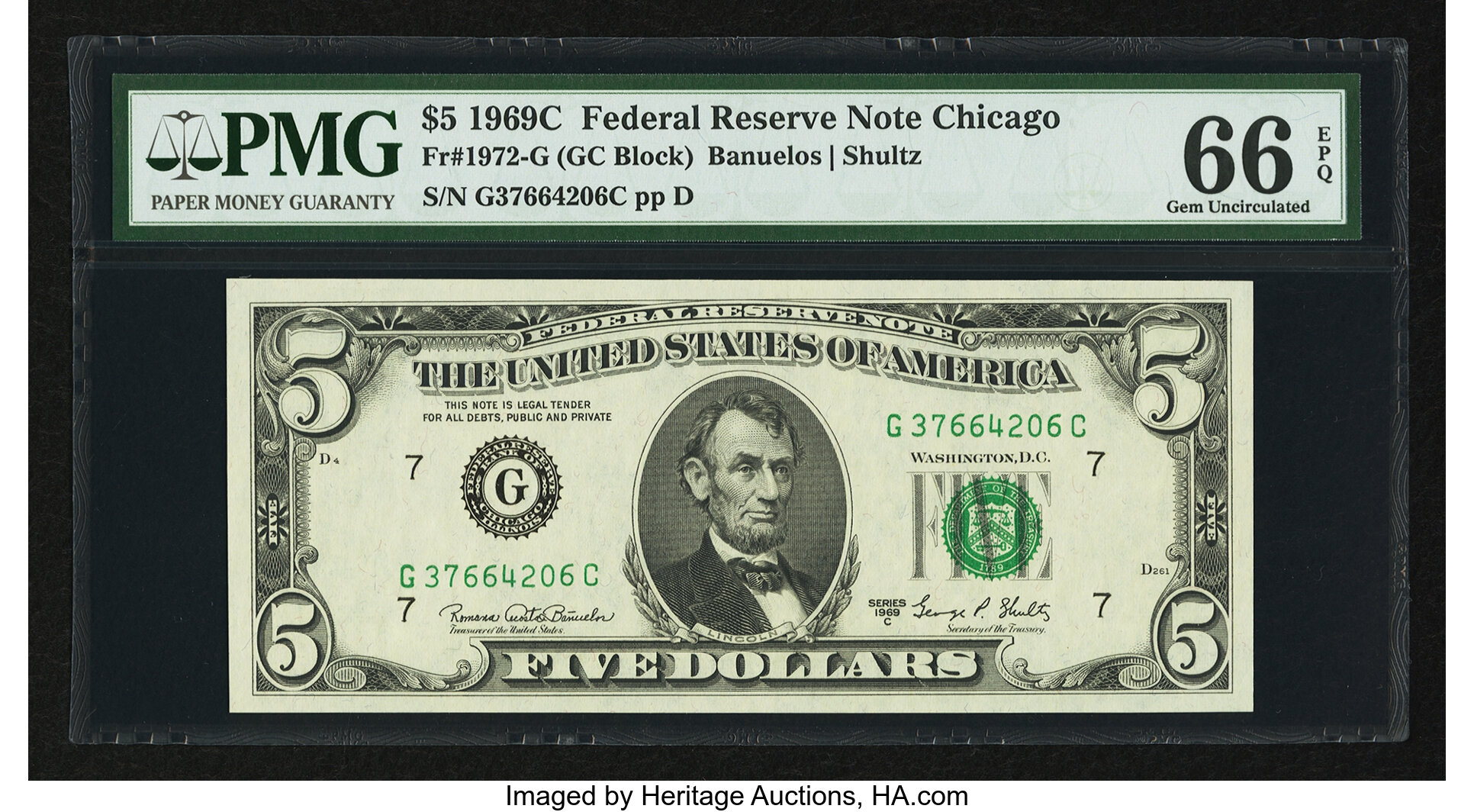 image for: Fr. 1972-G $5 1969C Federal Reserve Note. PMG Gem Uncirculated 66 EPQ....