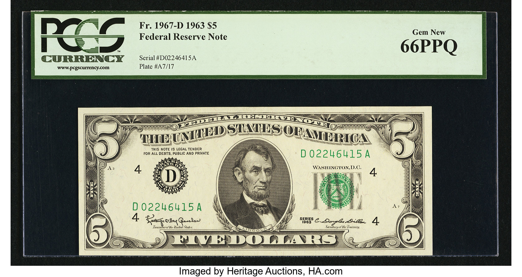 image for: Fr. 1967-D $5 1963 Federal Reserve Note. PCGS Gem New 66PPQ....