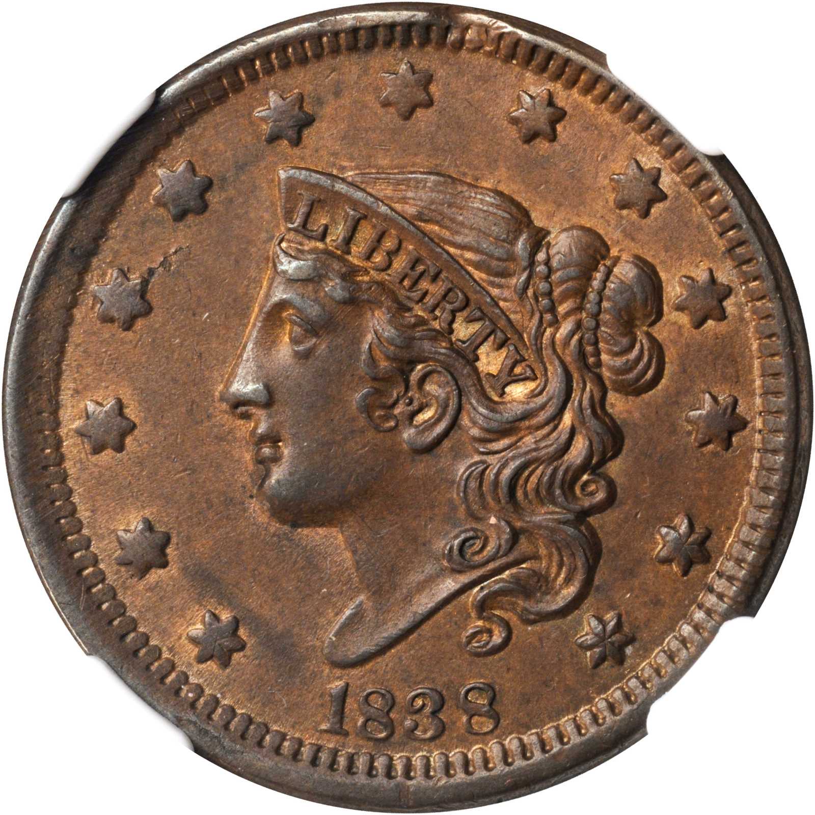 image for: 1838 Modified Matron Head Cent. N-6. Rarity-1. Noyes Die State B/B. MS-61 BN (NGC).