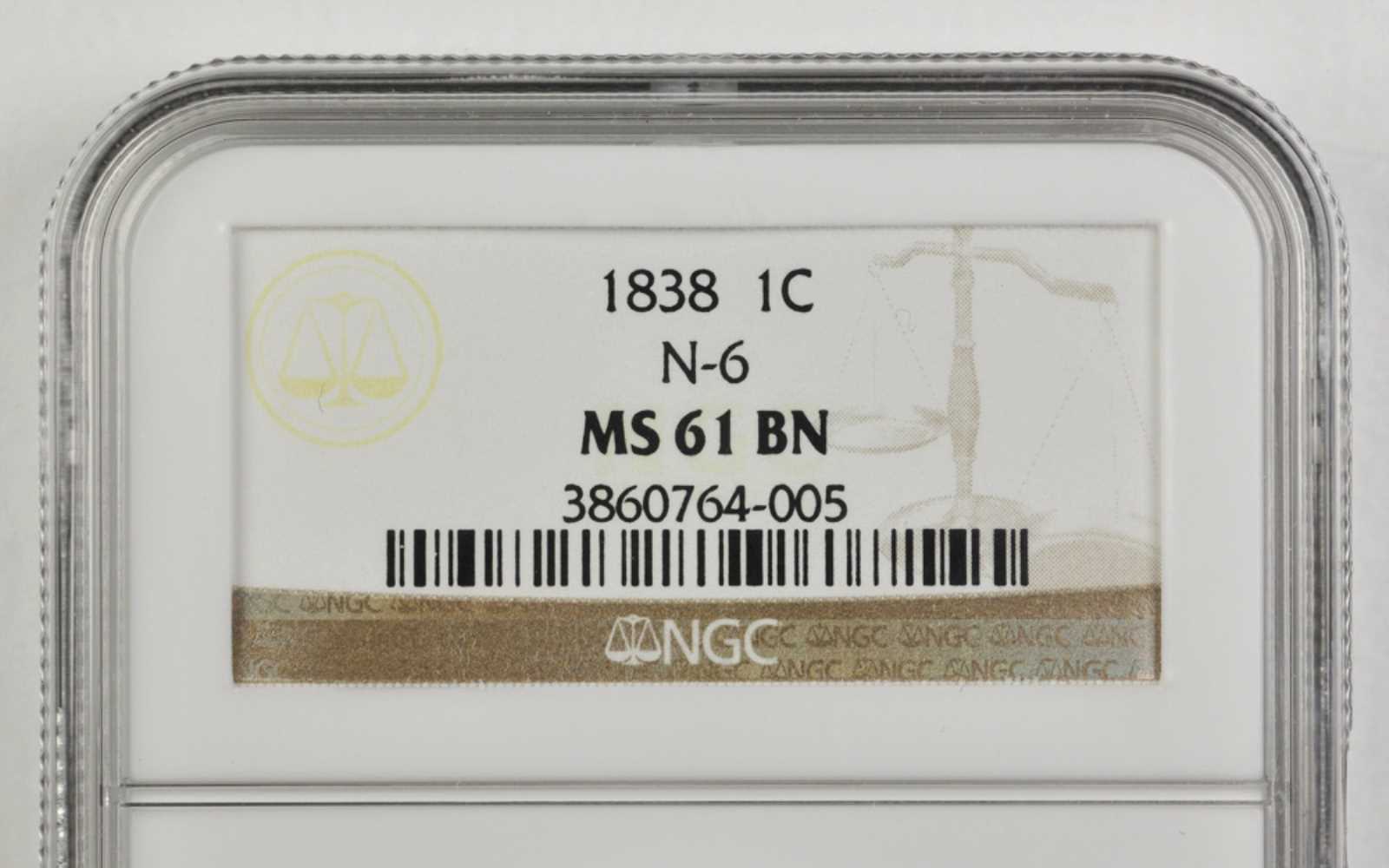 image for: 1838 Modified Matron Head Cent. N-6. Rarity-1. Noyes Die State B/B. MS-61 BN (NGC).