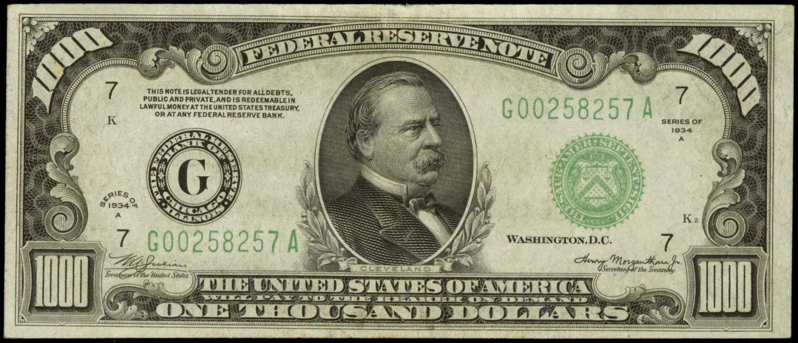 Fr. 2212-G. 1934A $1000 Federal Reserve Note. Chicago. PCGS Extremely Fine 45.