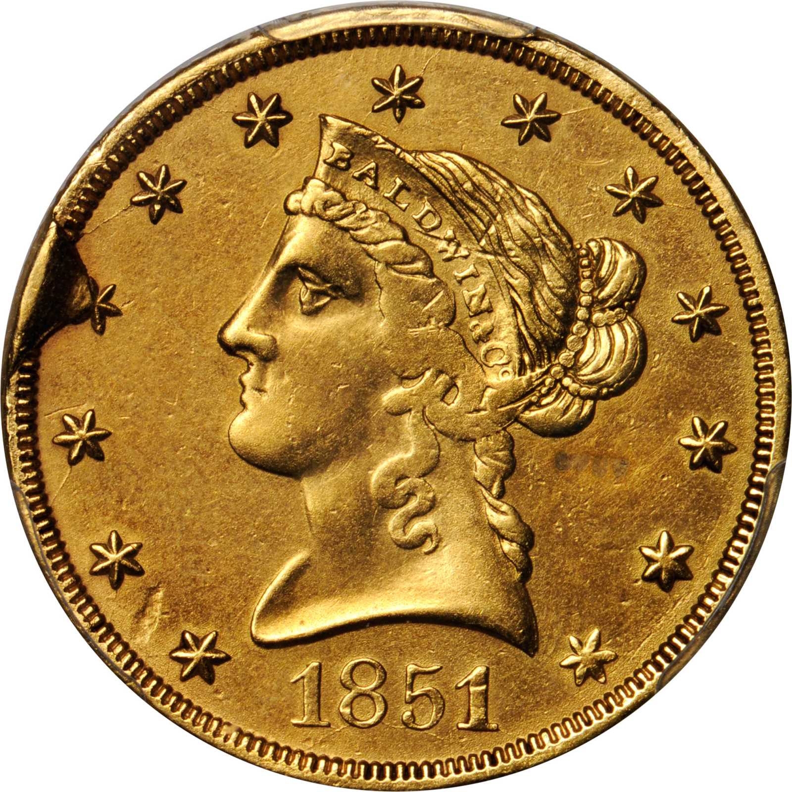 image for: 1851 Baldwin &amp; Co. $10. K-4. Rarity-6+. AU Details--Tooled (PCGS).