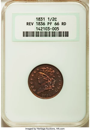 image for: 1831 1/2 C First Restrike, Reverse of 1836 PR66 Red NGC. B-2, High R.5. Our EAC Grade PR63. ...