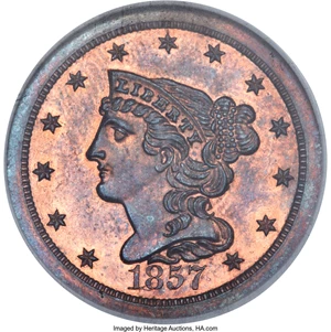 image for: 1857 1/2 C PR66 Red and Brown NGC. B-2, R.4. Our EAC Grade PR64....