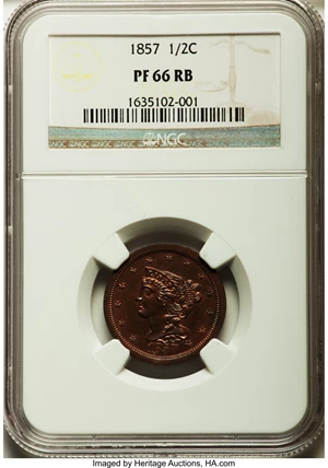 image for: 1857 1/2 C PR66 Red and Brown NGC. B-2, R.4. Our EAC Grade PR64....