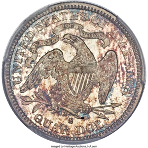 image for: 1877-S 25C Over Horizontal S MS66 PCGS Secure. CAC. Briggs 4-D, FS-501....