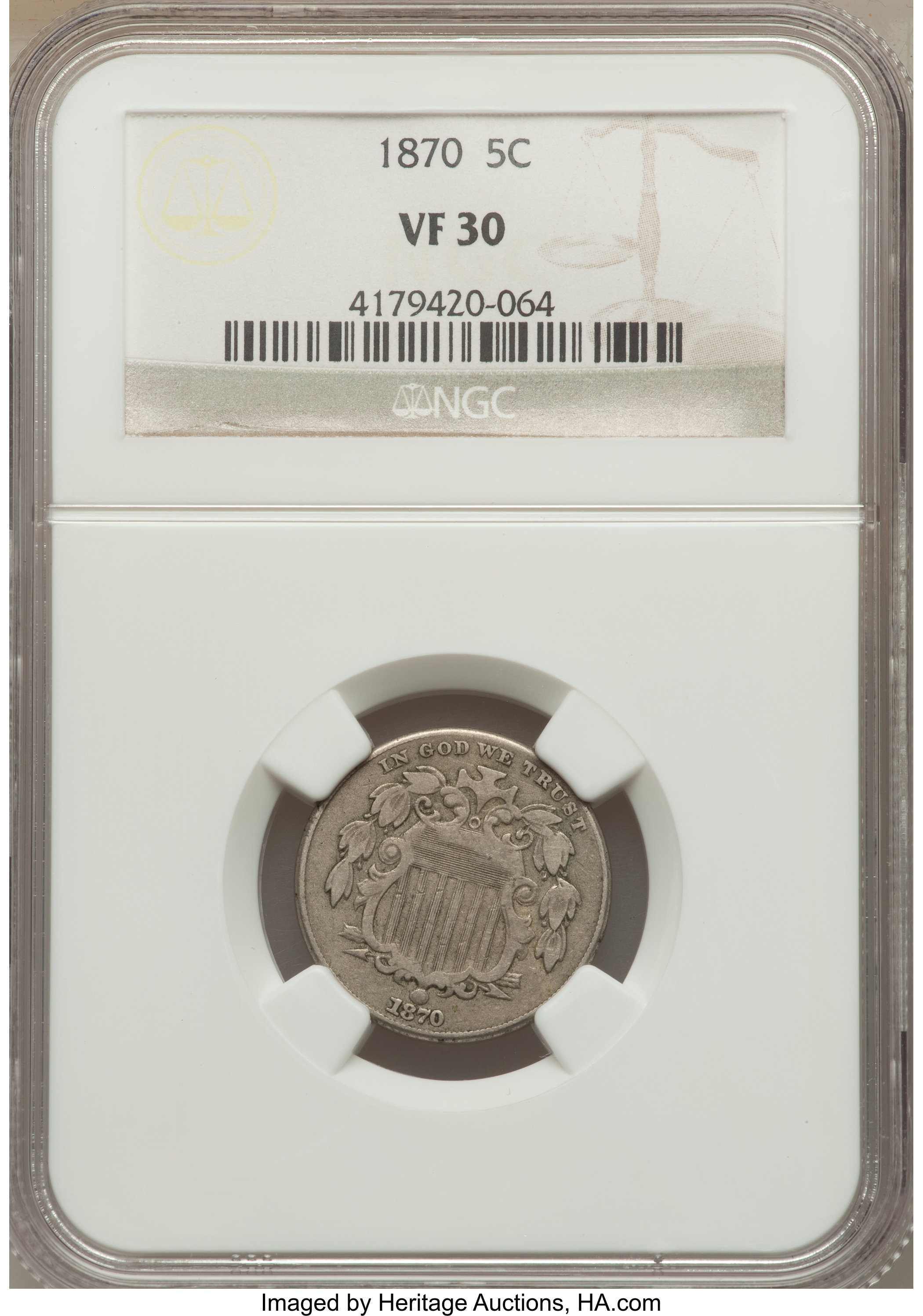 1870 5C VF30 NGC. NGC Census: (6/197). PCGS Population (4/285). Mintage: 4,806,000. Numismedia Wsl. Price for problem free ...