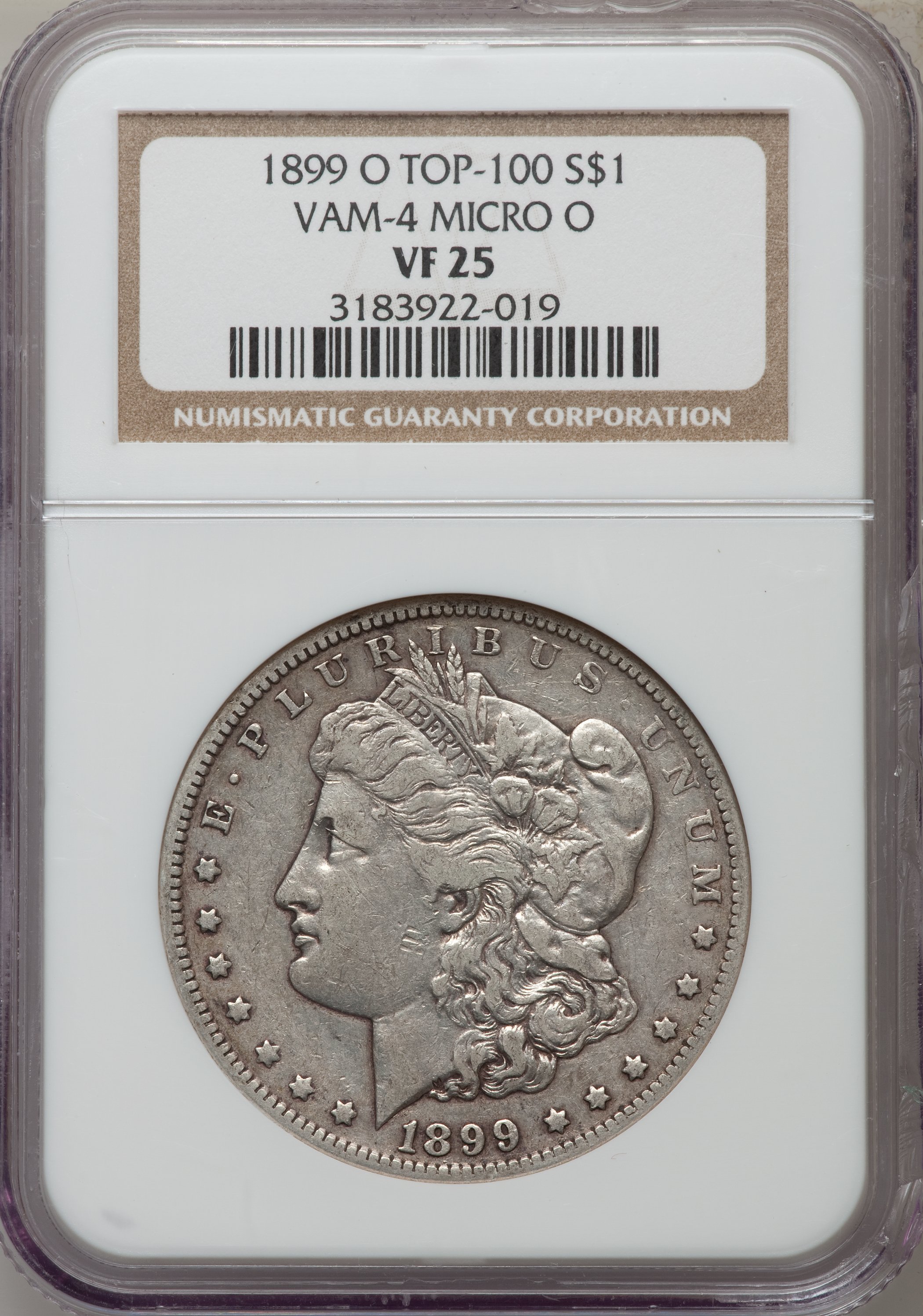 1899-O $1 Micro O VF25 NGC. VAM-4. TOP-100. NGC Census: (20/52406). PCGS Population (4/52408). Mintage: 12,290,000. Numisme...