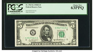 image for: Fr. 1963-K $5 1950B Federal Reserve Note. PCGS Choice New 63PPQ....