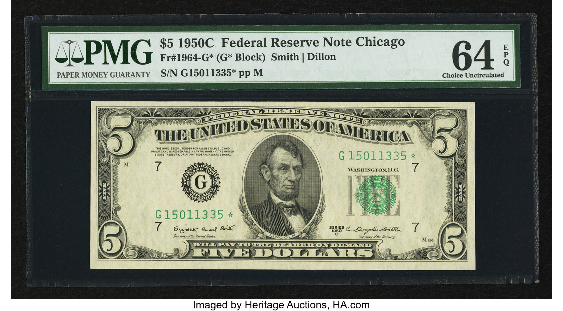 image for: Fr. 1964-G* $5 1950C Federal Reserve Star Note. PMG Choice Uncirculated 64 EPQ....