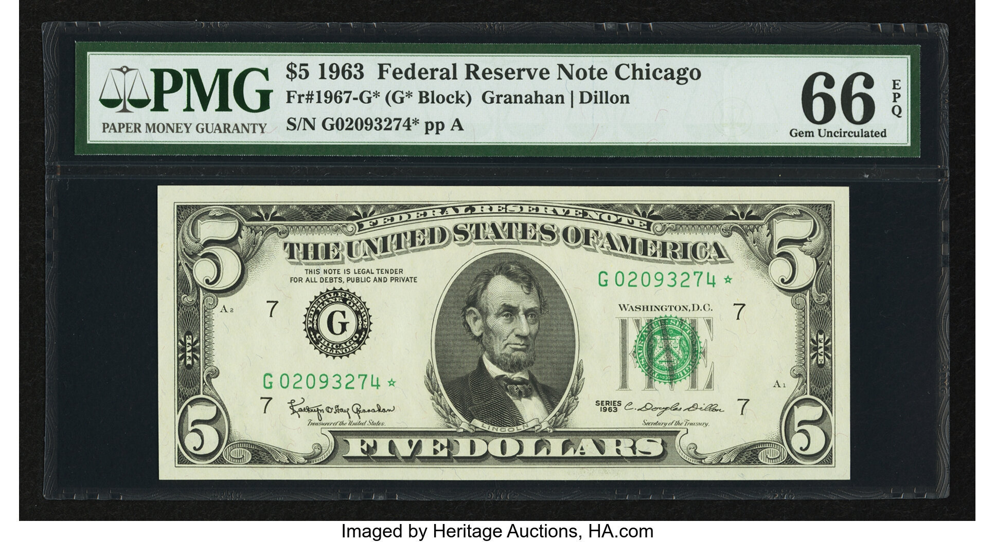 image for: Fr. 1967-G* $5 1963 Federal Reserve Star Note. PMG Gem Uncirculated 66 EPQ....