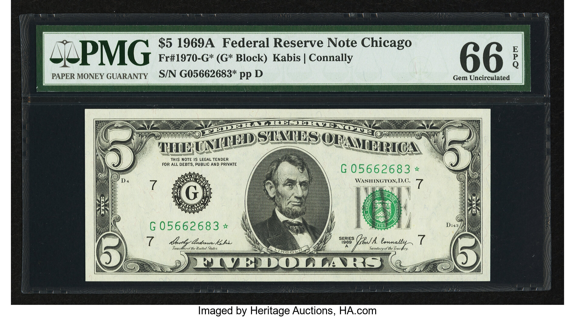 image for: Fr. 1970-G* $5 1969A Federal Reserve Star Note. PMG Gem Uncirculated 66 EPQ....