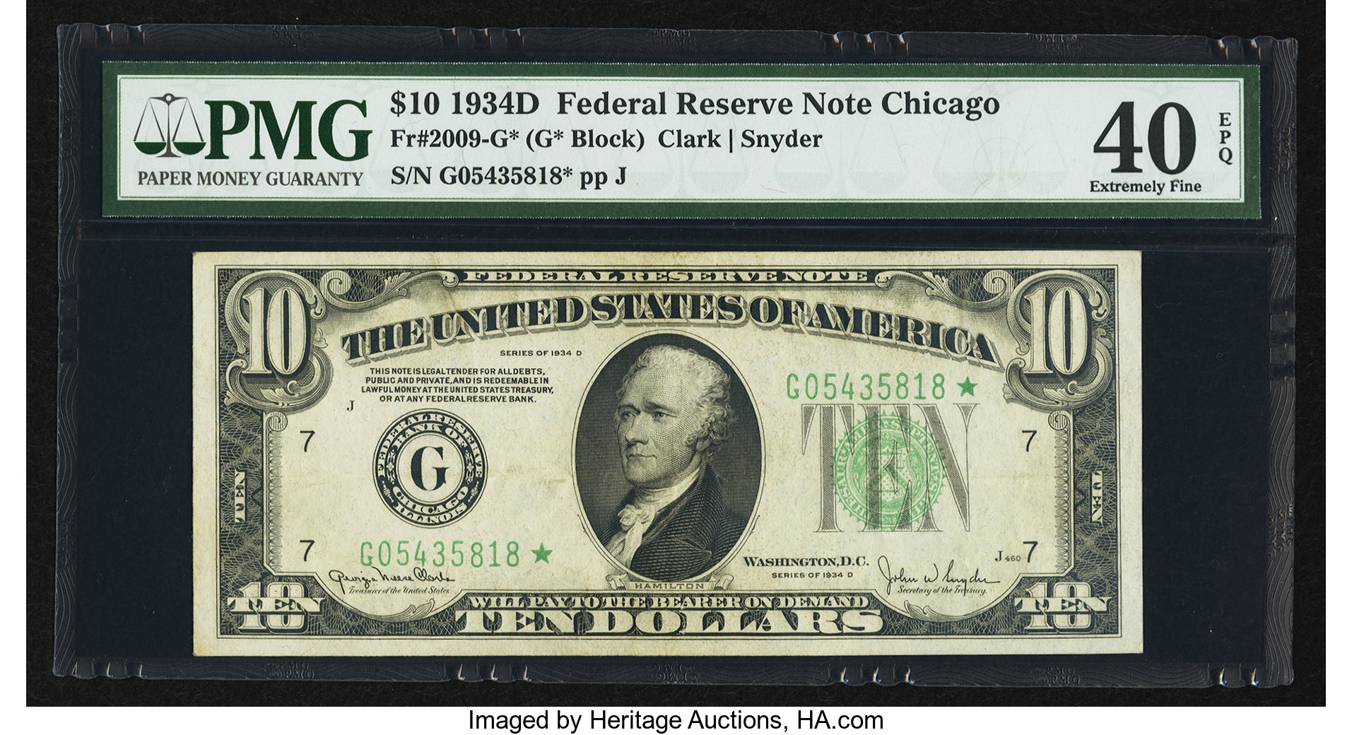 image for: Fr. 2009-G* $10 1934D Federal Reserve Star Note. PMG Extremely Fine 40 EPQ....