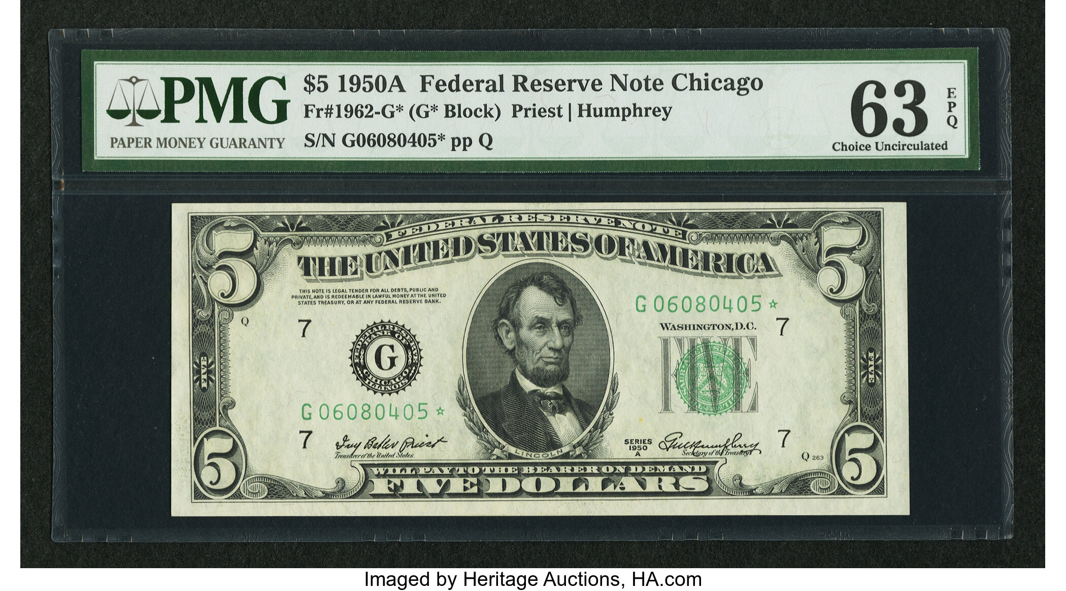 image for: Fr. 1962-G* $5 1950A Federal Reserve Star Note. PMG Choice Uncirculated 63 EPQ....