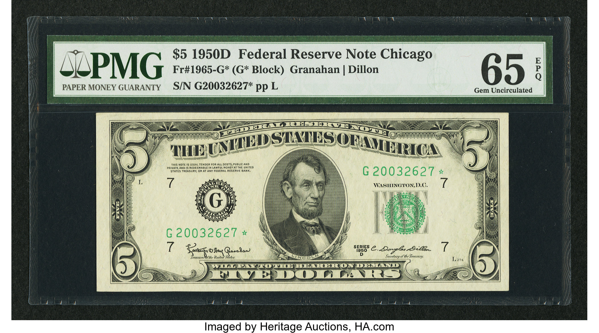image for: Fr. 1965-G* $5 1950D Federal Reserve Star Note. PMG Gem Uncirculated 65 EPQ....