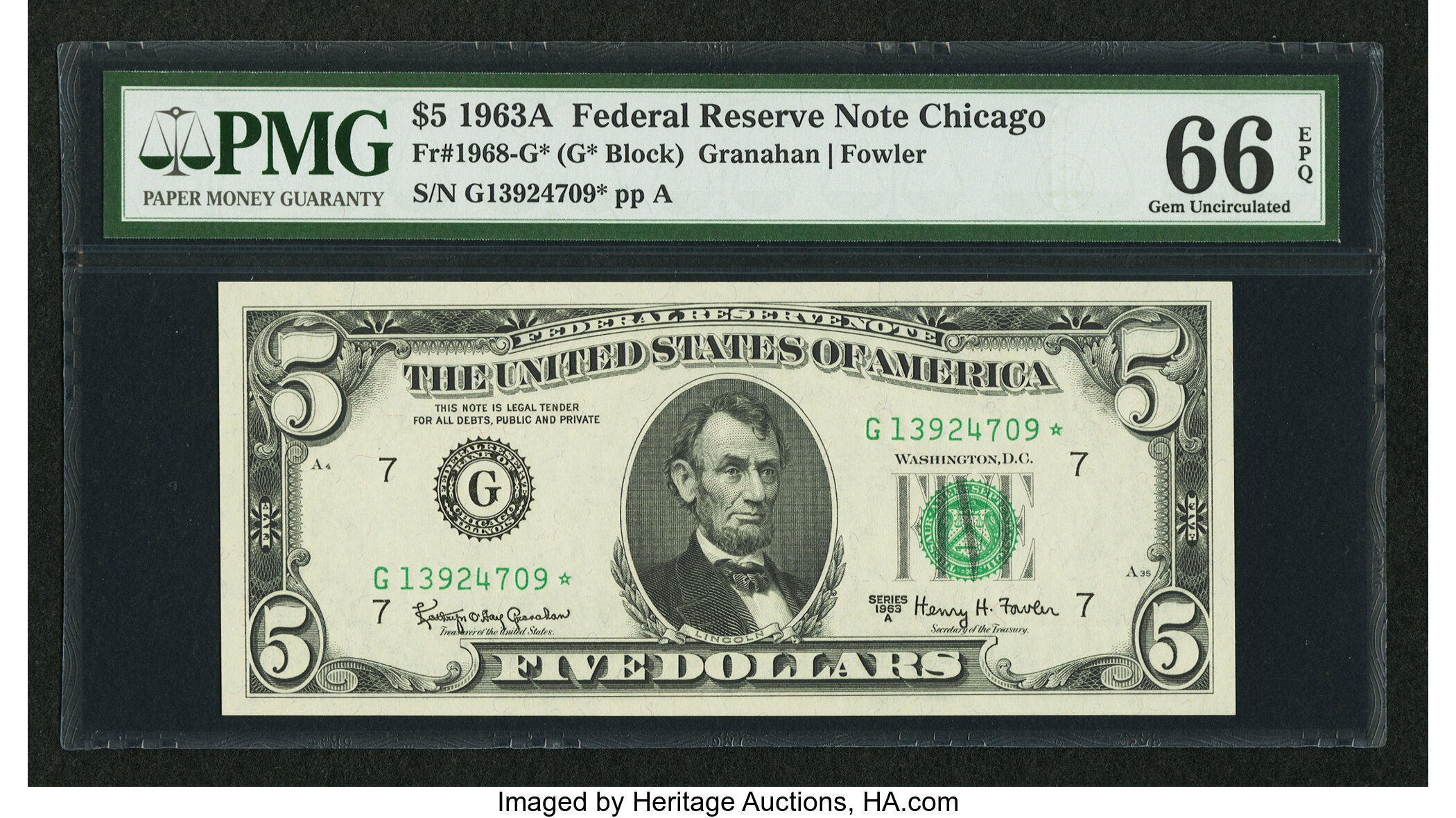 image for: Fr. 1968-G* $5 1963A Federal Reserve Star Note. PMG Gem Uncirculated 66 EPQ....