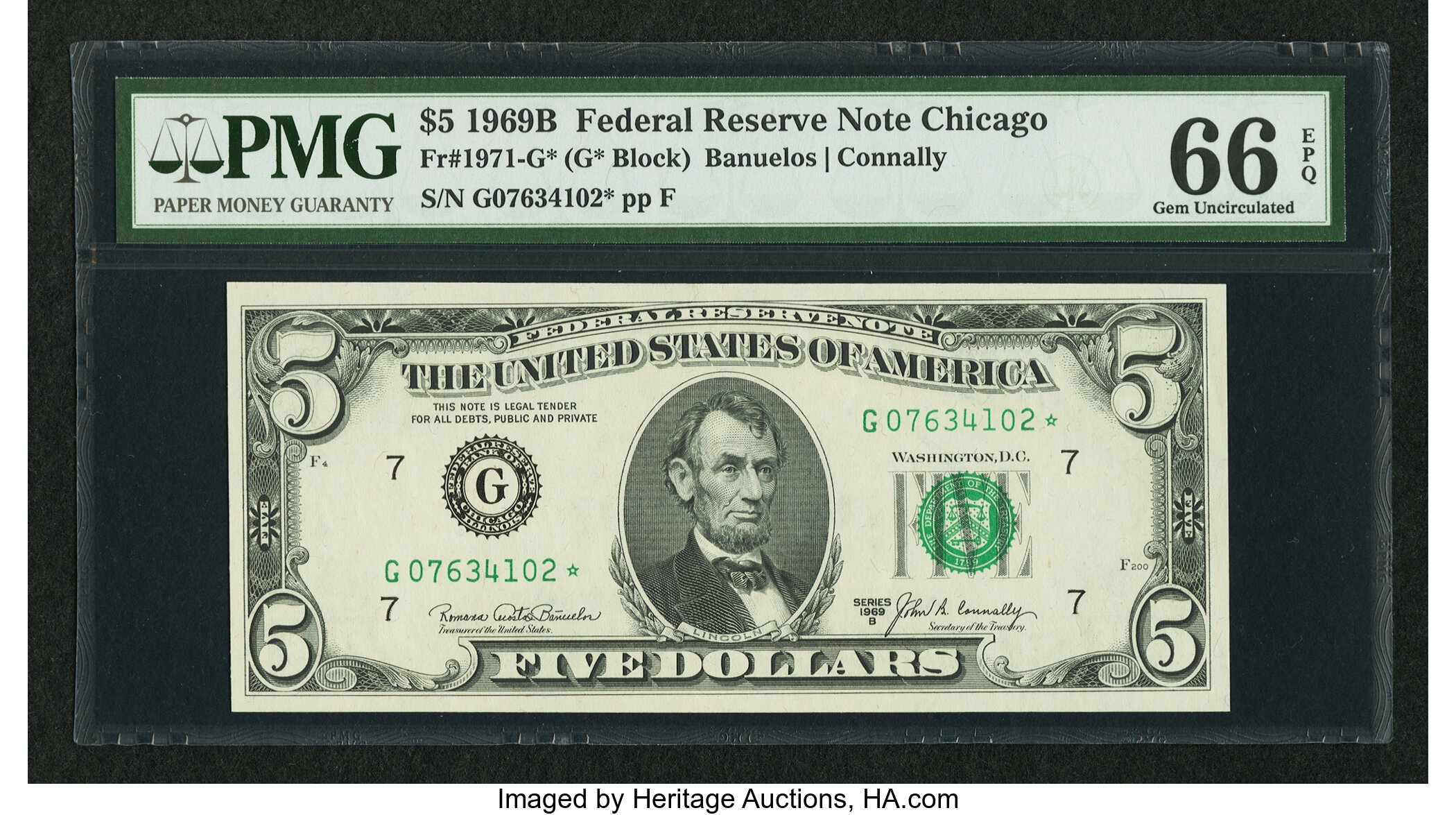 image for: Fr. 1971-G* $5 1969B Federal Reserve Star Note. PMG Gem Uncirculated 66 EPQ....