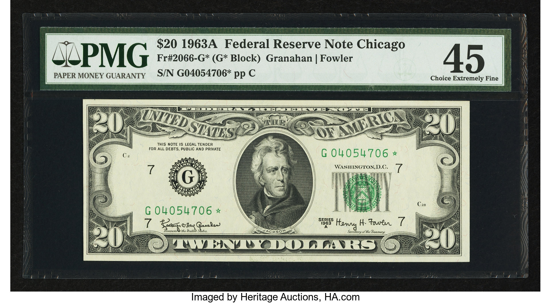 image for: Fr. 2066-G* $20 1963A Federal Reserve Star Note. PMG Choice Extremely Fine 45....