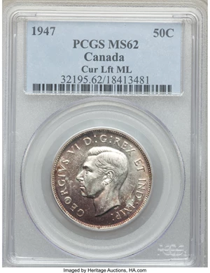 image for: George VI "Straight 7 - Maple Leaf" 50 Cents 1947 MS62 PCGS