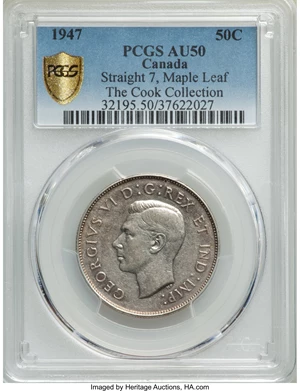 image for: George VI "Straight 7 - Maple Leaf" 50 Cents 1947 AU50 PCGS