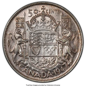 image for: George VI "Straight 7 - Maple Leaf" 50 Cents 1947 AU50 PCGS
