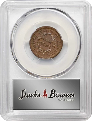 image for: 1852 Braided Hair Half Cent. First Restrike. B-2. Rarity-5. Small Berries. Proof-65 BN (PCGS). CAC.