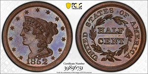 image for: 1852 Braided Hair Half Cent. First Restrike. B-2. Rarity-5. Small Berries. Proof-65 BN (PCGS). CAC.