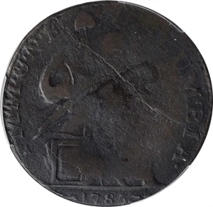image for: 1785 Vermont Copper. RR-1, Bressett 26-Z, W-2250. Rarity-5+. IMMUNE COLUMBIA. Good-6 (PCGS).