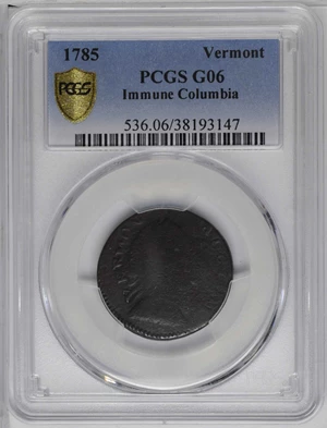 image for: 1785 Vermont Copper. RR-1, Bressett 26-Z, W-2250. Rarity-5+. IMMUNE COLUMBIA. Good-6 (PCGS).