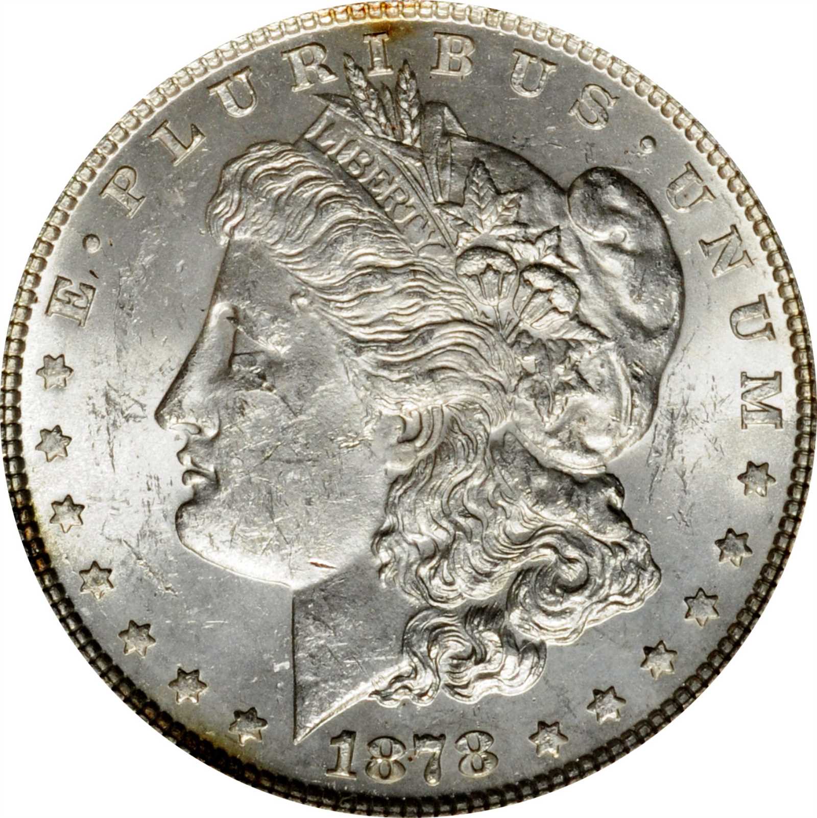 1878 Morgan Silver Dollar. 7 Tailfeathers. Reverse of 1878. VAM-30. Extra Talons. MS-61 (ANACS).
