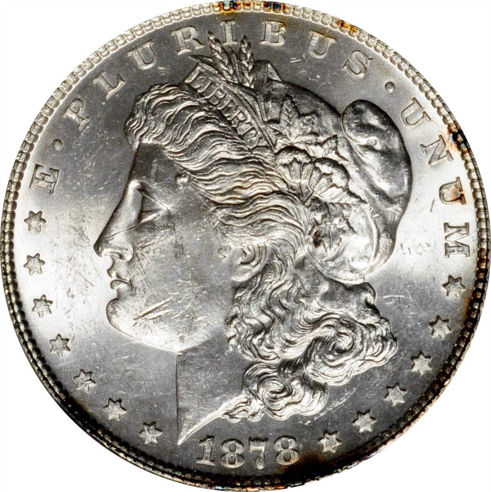 1878 Morgan Silver Dollar. 7 Tailfeathers. Reverse of 1878. VAM-100. Top 100 Variety. Type I Obverse. MS-62 (ANACS).