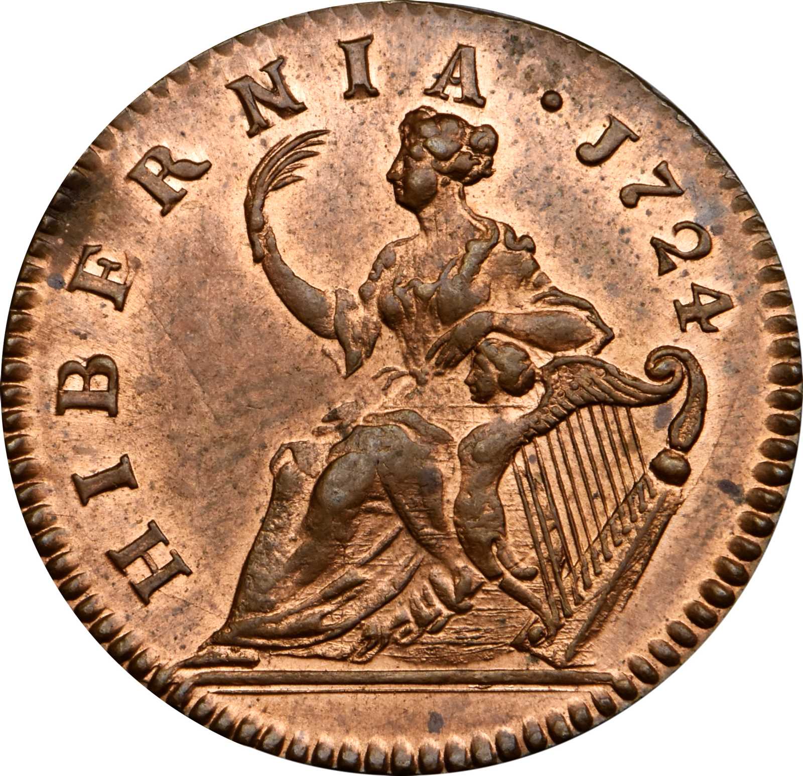 image for: 1724 Wood�s Hibernia halfpenny. Martin 4.73-L.2, W-13730. Rarity-5. MS-65+ RB (PCGS).
