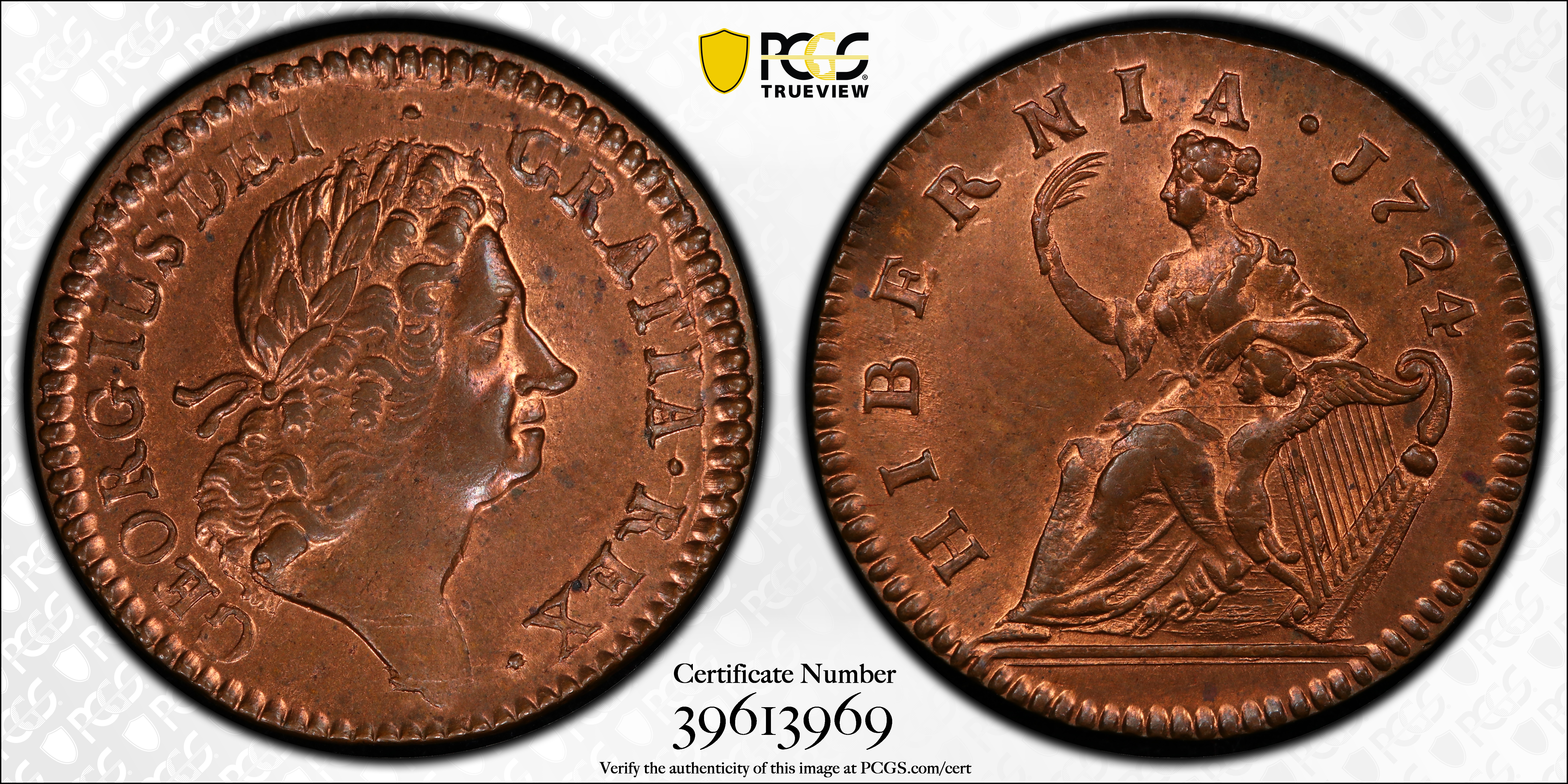 image for: 1724 Wood�s Hibernia halfpenny. Martin 4.73-L.2, W-13730. Rarity-5. MS-65+ RB (PCGS).