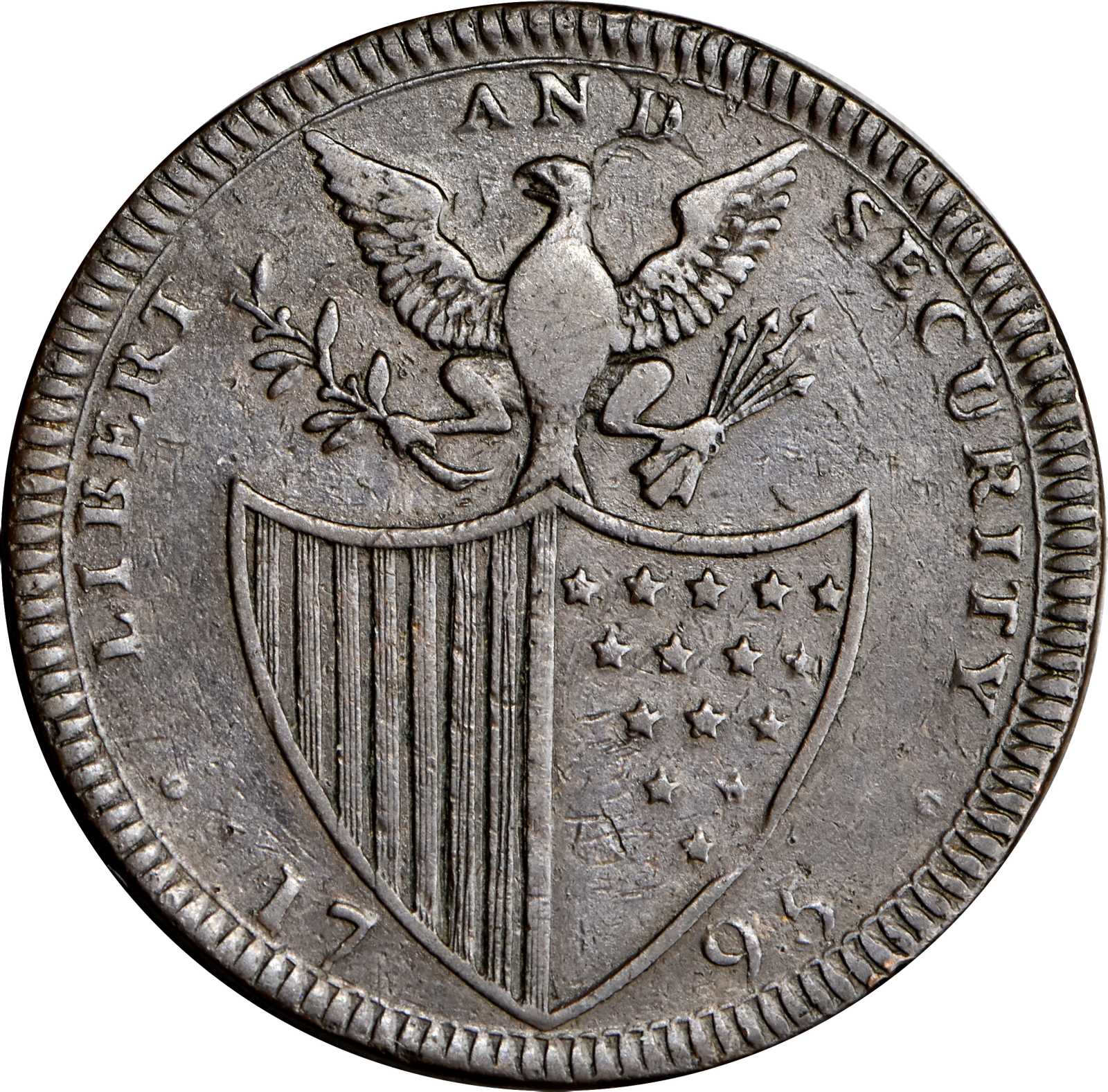 image for: 1795 Liberty and Security �Penny.� Musante GW-47, Baker-�32A,� Breen-1259. Copper. �Plain� edge. VF-30 (PCGS).
