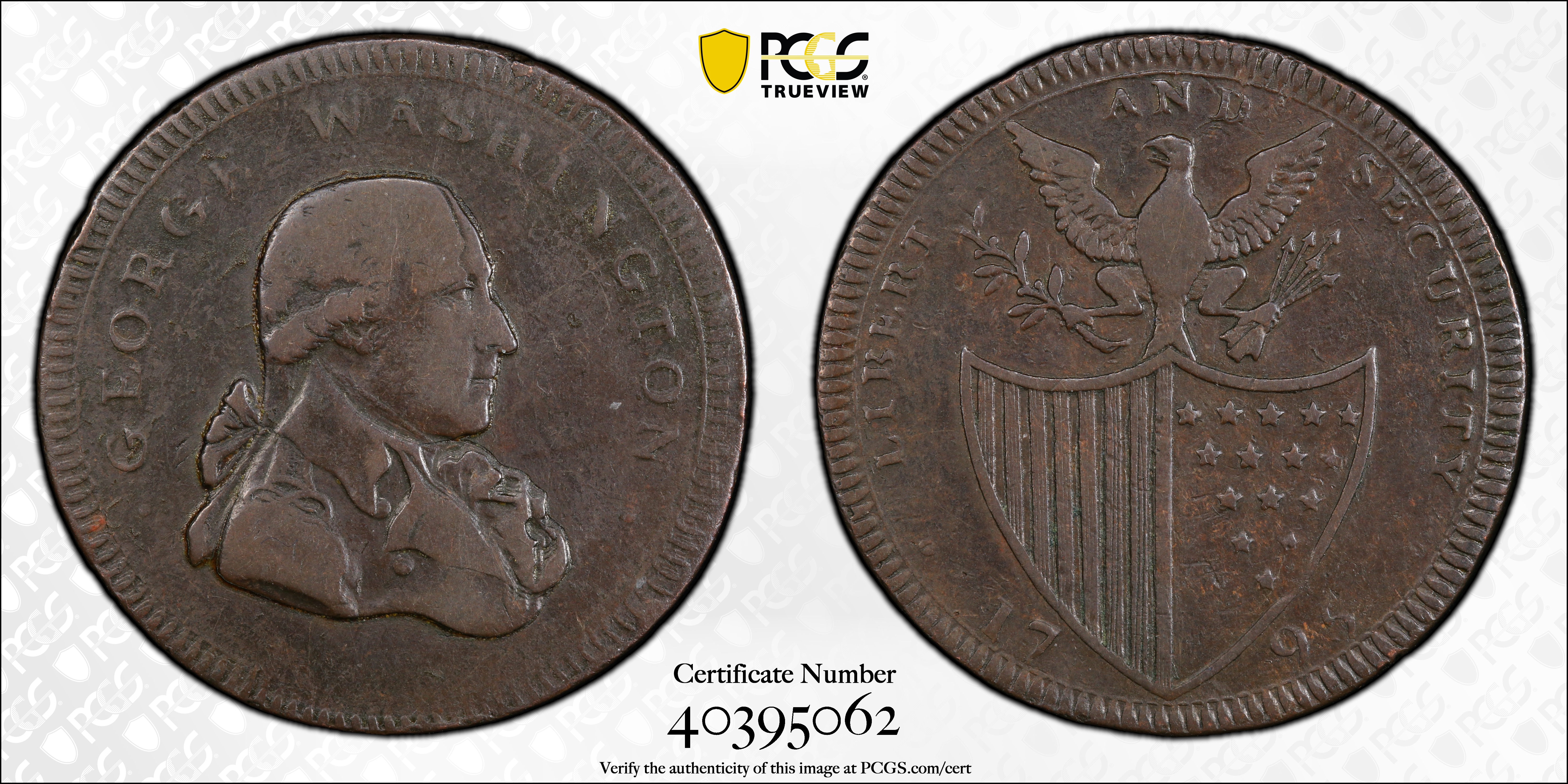 image for: 1795 Liberty and Security �Penny.� Musante GW-47, Baker-�32A,� Breen-1259. Copper. �Plain� edge. VF-30 (PCGS).