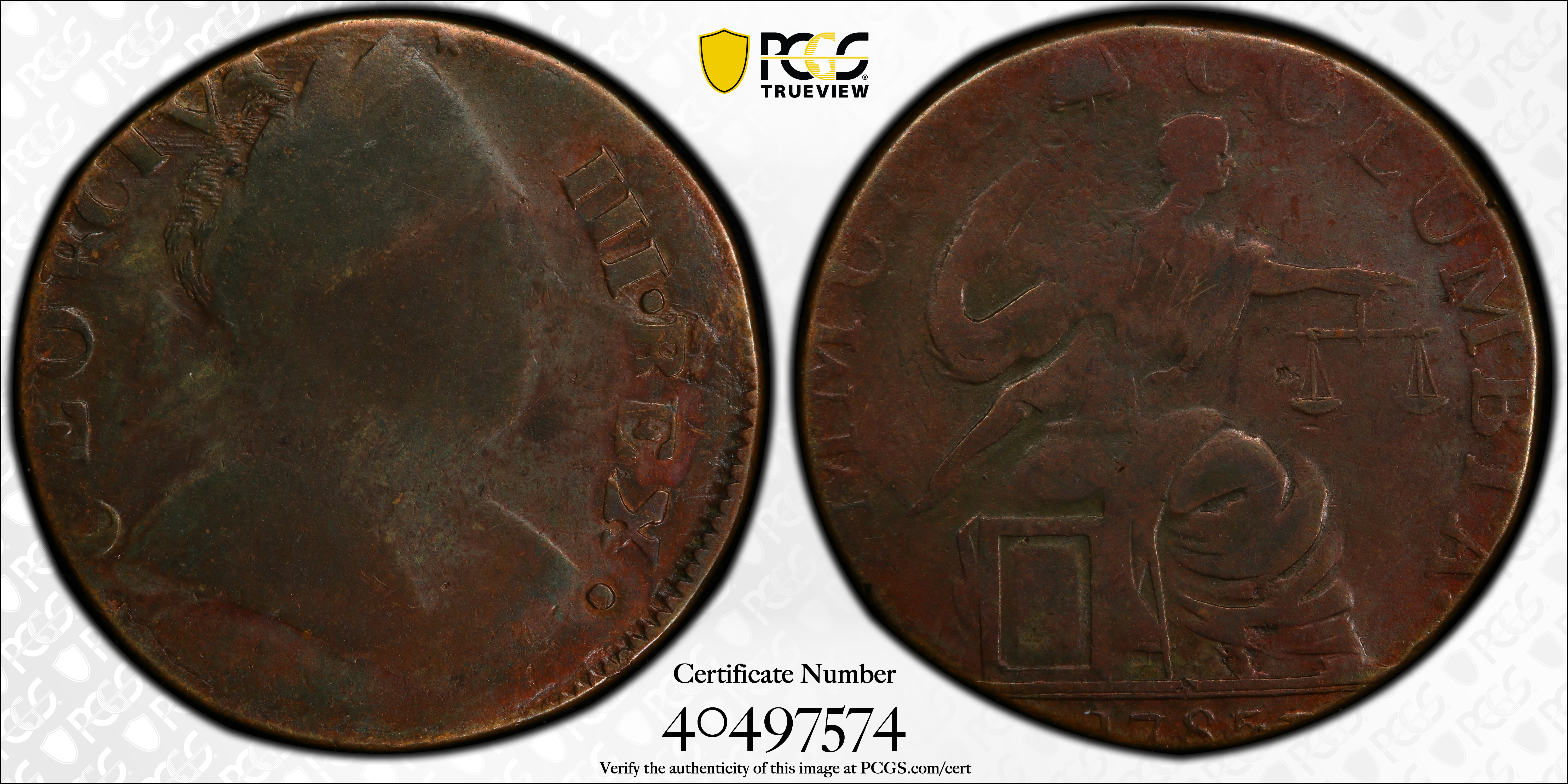 image for: 1785 Machin�s Mills CEORCIVS III REX / Immune Columbia Muling. Vlack 15-85NY, W-1995. Rarity-5+. Fine-15 (PCGS).