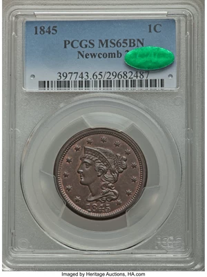 image for: 1845 1C MS65 Brown PCGS. CAC. N-2, R.1....