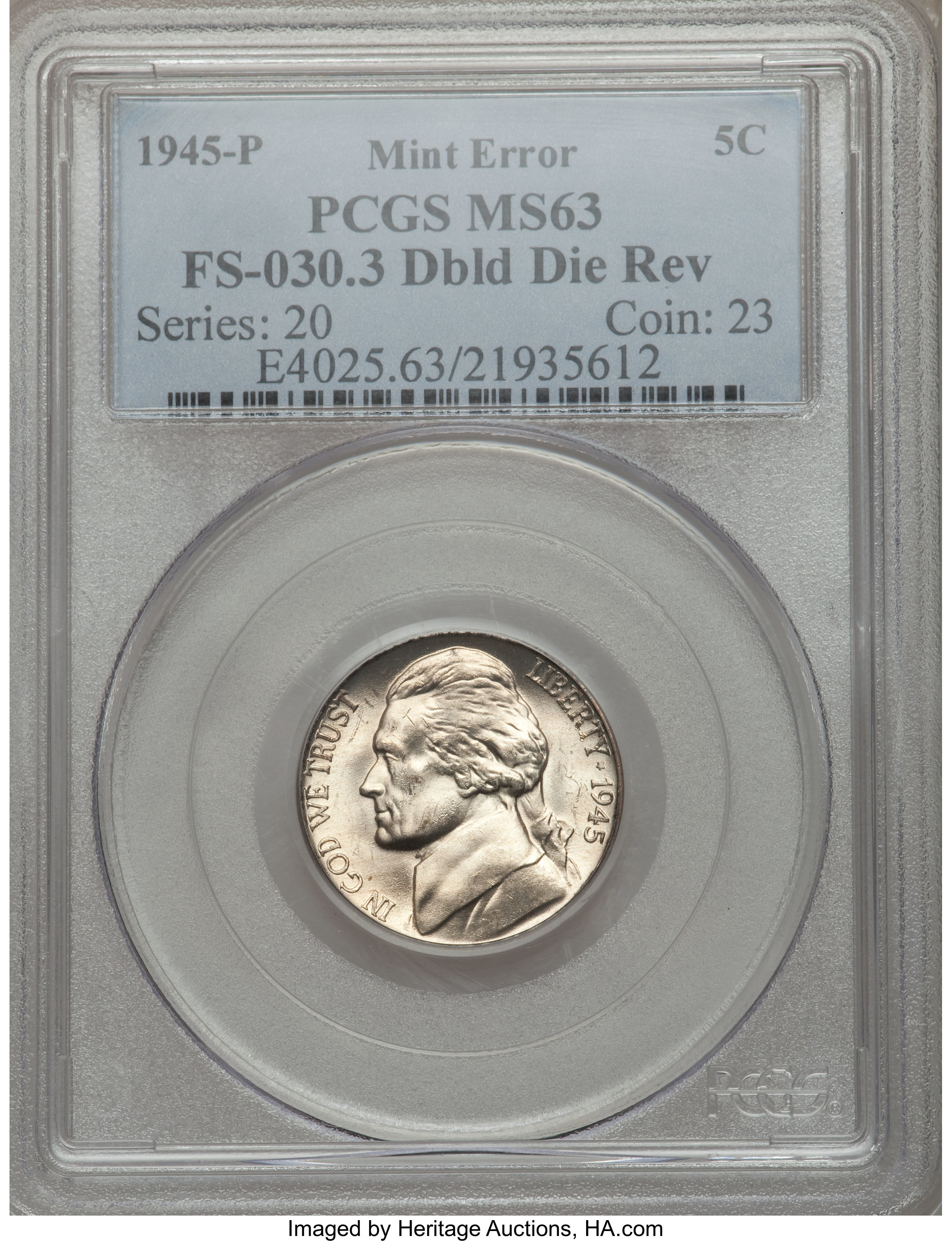 1945-P 5C Doubled Die Reverse MS63 PCGS. FS-030.3. PCGS Population (31/2622). NGC Census: (14/3182). Mintage: 119,408,096. ...