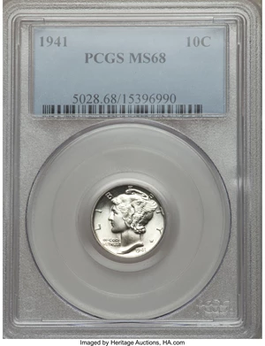 image for: 1941 10C MS68 PCGS. PCGS Population (5/0). NGC Census: (1/0). Mintage: 175,106,560. Numismedia Wsl. Price for problem free ...