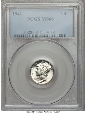 image for: 1941 10C MS68 PCGS. PCGS Population (5/0). NGC Census: (1/0). Mintage: 175,106,560. Numismedia Wsl. Price for problem free ...