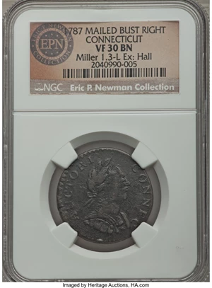 image for: 1787 COPPER Connecticut Copper, Mailed Bust Right, INDE ET LIB VF30 NGC. M. 1.3-L, W-2735, R.6. ...