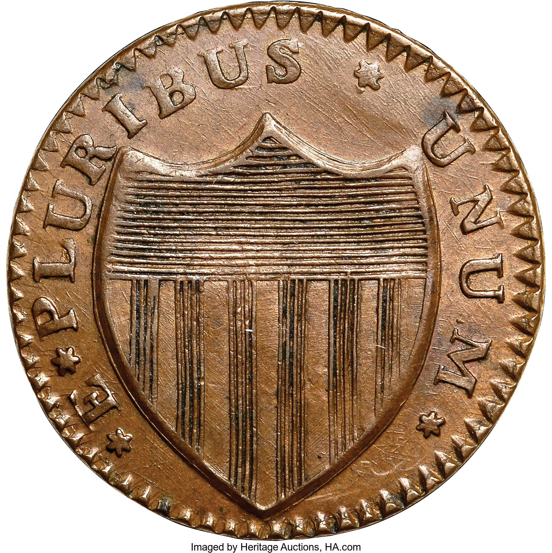 image for: 1786 COPPER New Jersey Copper, Wide Shield MS62 Brown NGC. M. 21-N, W-4910, R.3. ...