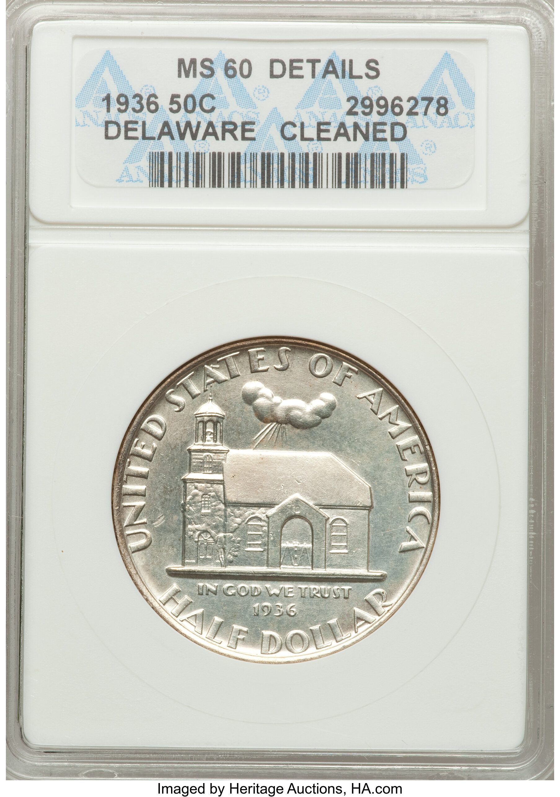1936 50C Delaware -- Cleaned -- ANACS. MS60 Details. NGC Census: (1/2789). PCGS Population (4/4295). Mintage: 20,993. Numis...
