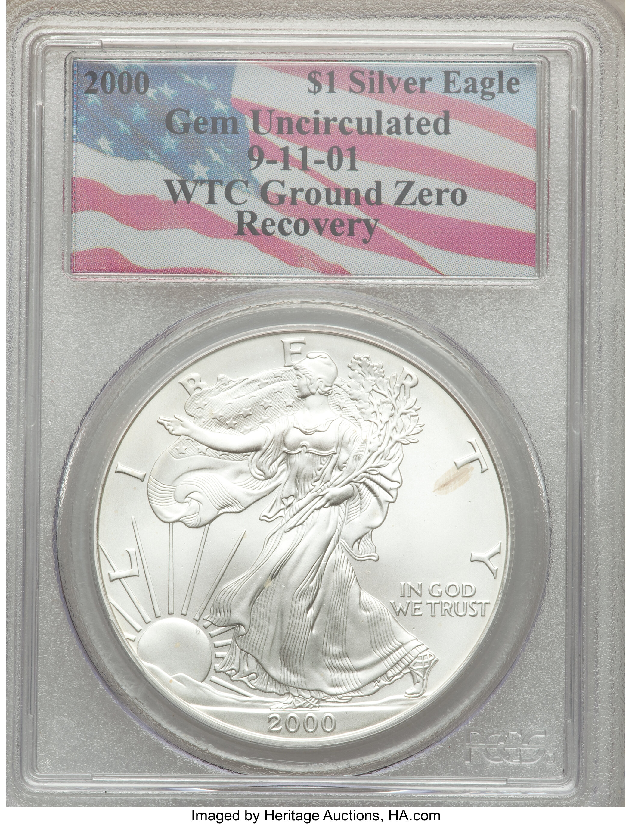 2000 $1 Silver Eagle Gem Uncirculated PCGS. 9-11-01 World Trade Center Ground Zero Recovery....
