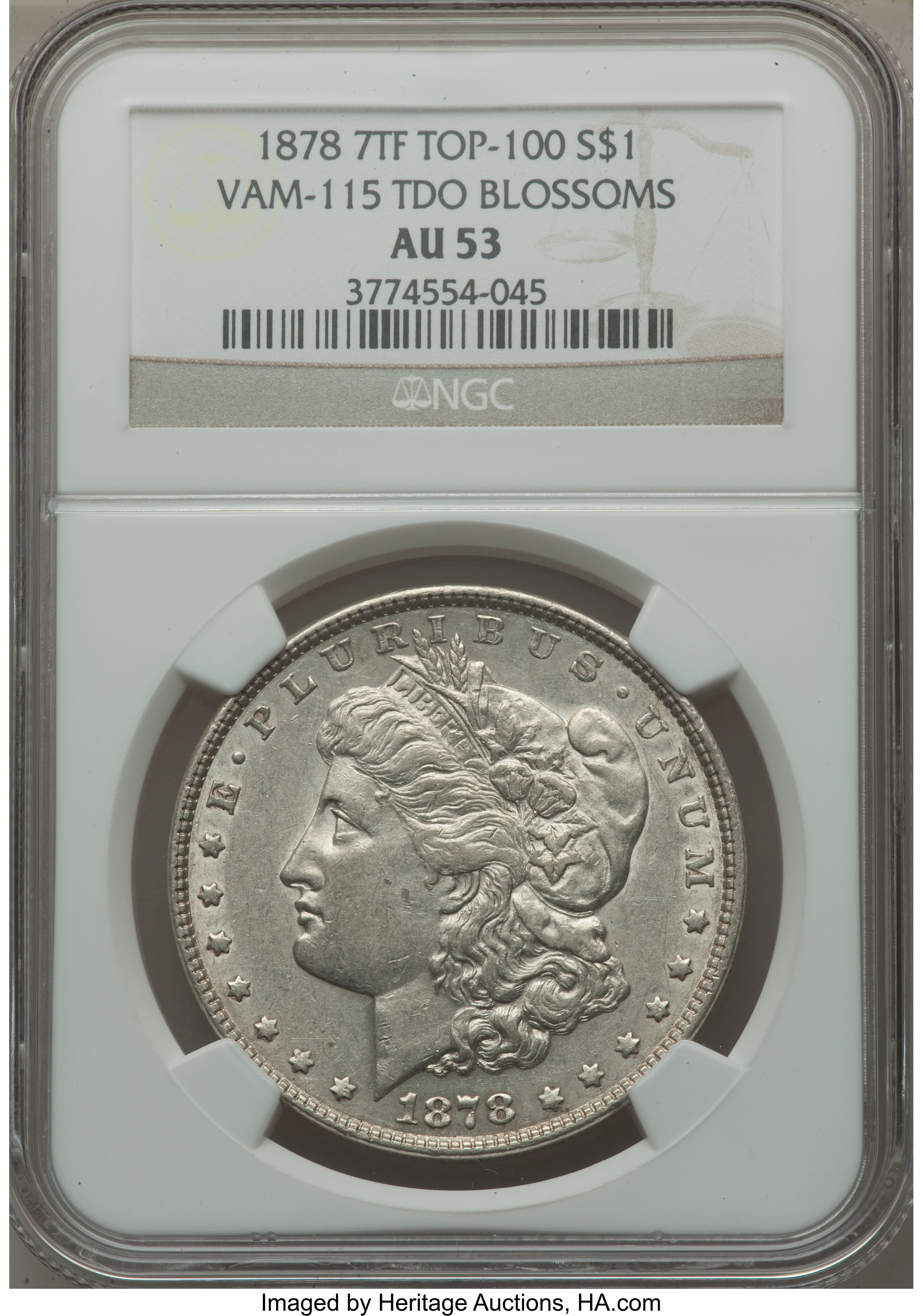 1878 7TF $1 Reverse of 1878, VAM-115, Tripled Blossoms AU53 NGC. TOP-100. NGC Census: (0/0). PCGS Population (9/17). ...