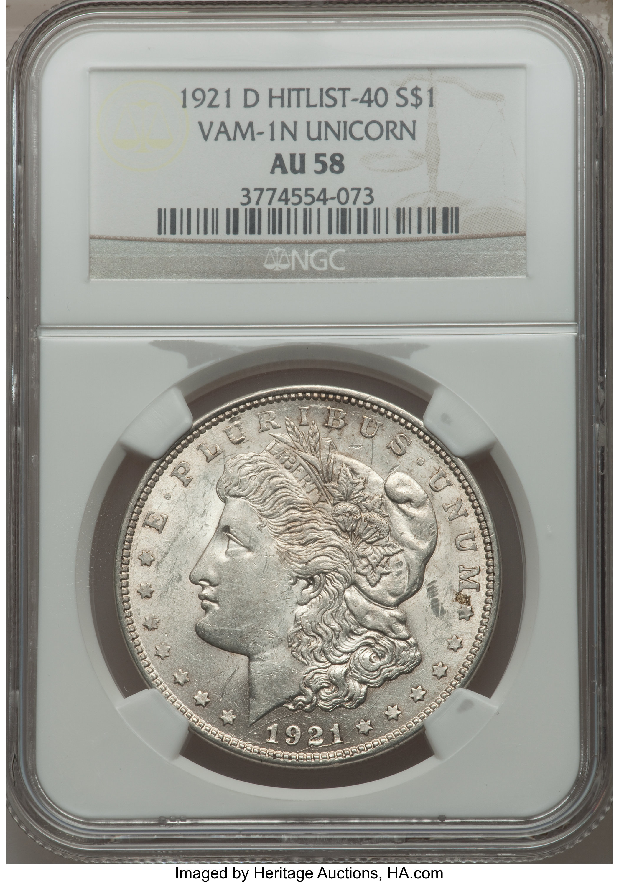 1921-D $1 Unicorn, VAM-1N, AU58 NGC. Hitlist-40. NGC Census: (0/0). PCGS Population (15/34). ...