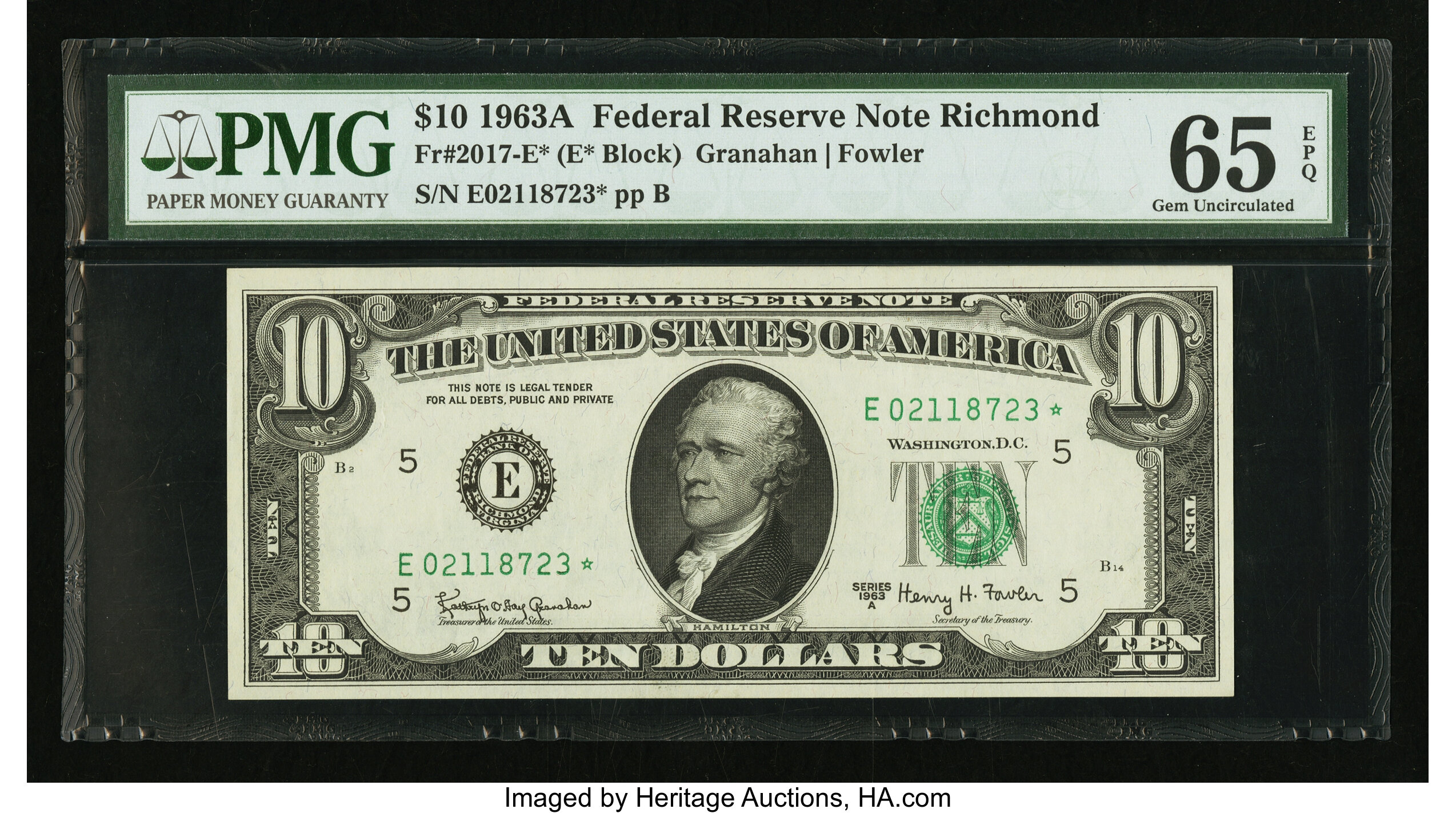 image for: Fr. 2017-E* $10 1963A Federal Reserve Star Note. PMG Gem Uncirculated 65 EPQ....