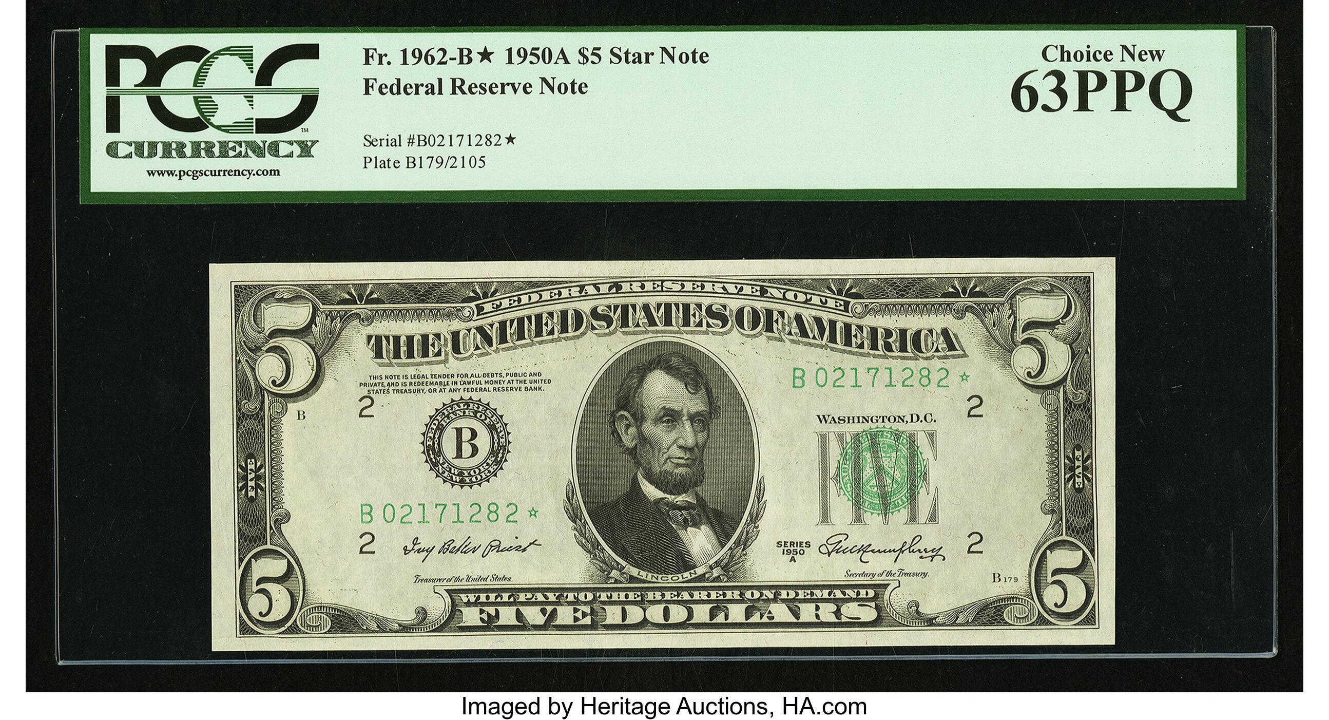image for: Fr. 1962-B* $5 1950A Federal Reserve Note. PCGS Choice New 63PPQ....
