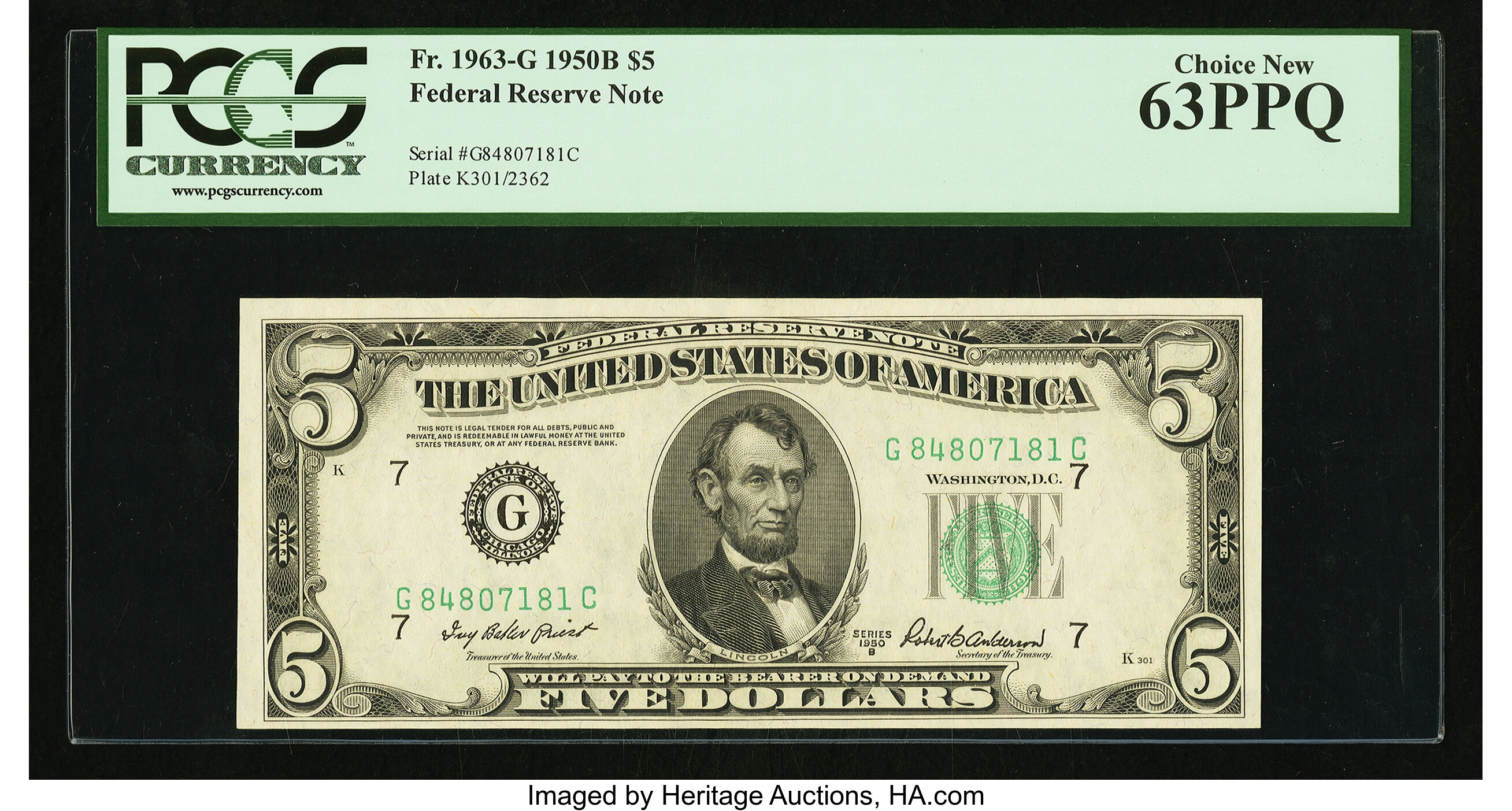 image for: Fr. 1963-G $5 1950B Federal Reserve Note. PCGS Choice New 63PPQ....